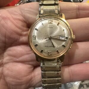 Working Vintage 1970 Timex WR Manual Wind Date Gold Tone Mens Watch 33mm 7" Runs